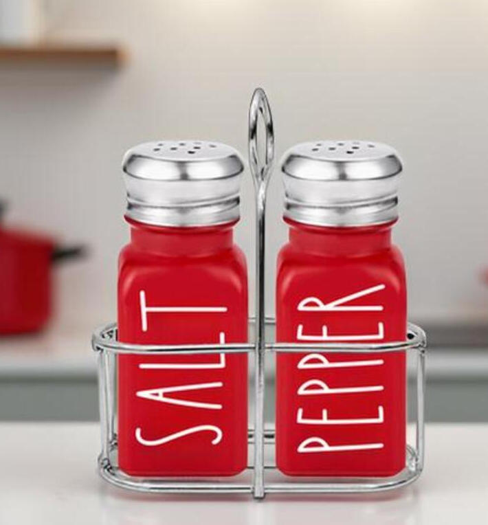 Red Salt and Pepper Shakers with Holder Red Salt and Pepper Shakers with Holder